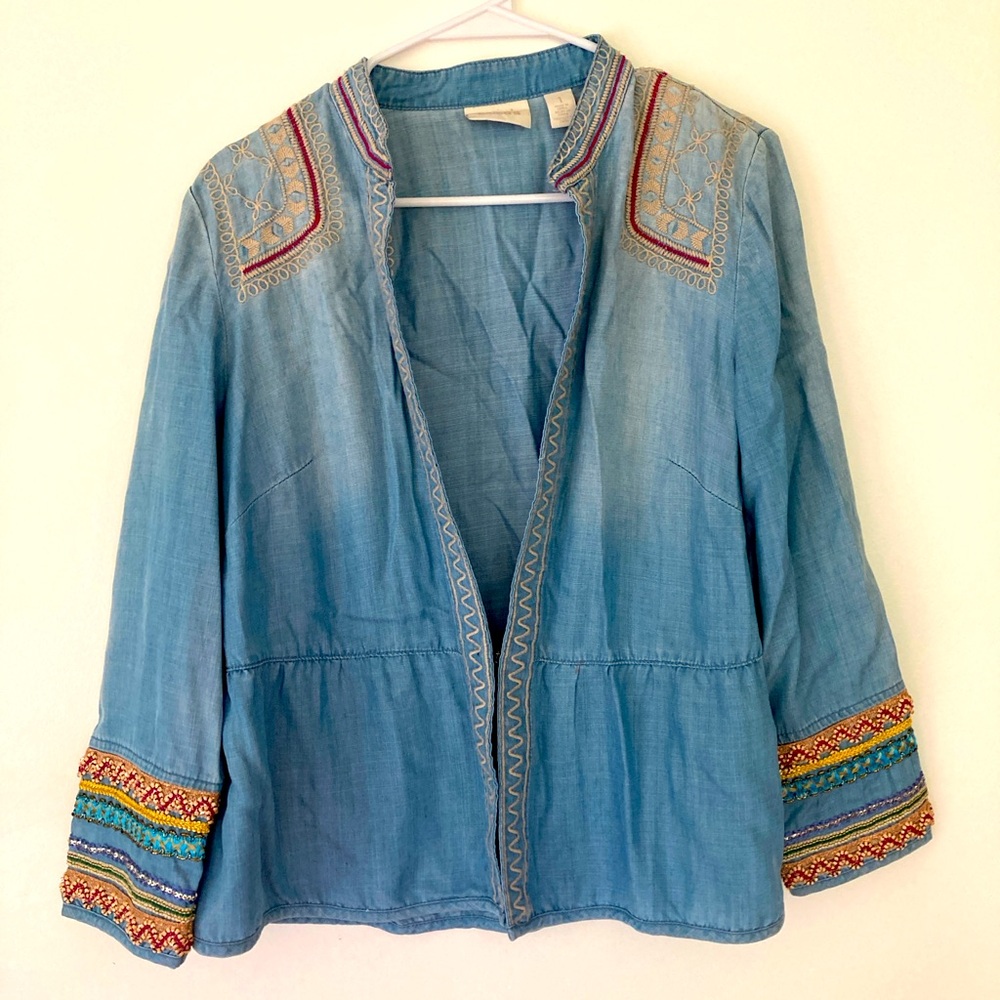 Chicos Vintage Inspired Embroidered Denim Jacket Sz:1